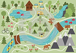 Camping map. Summer camp background. Vector nature clip art or infographic elements with mountains, waterfall, trees, forest,