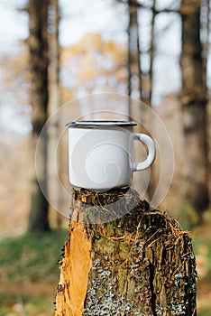 Camping metal white mug mock up standing on tree stump in woods outdoors. Enamelled balnk cup with empty space