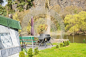 Camping Motorhomes. Caravaning Industry. camping on the beach in mountains,Czech