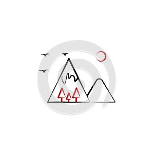 Camping, mountains, birds, trees 2 colored line icon. Simple hand drawn color element illustration. Camping, mountains, birds,