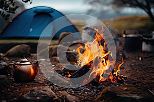 Camping in the mountains with a kettle and a tent on the background, Camp fire and tea pot are foreground and focused, there is a