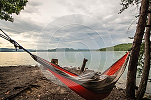 Camping in mountains near a lake