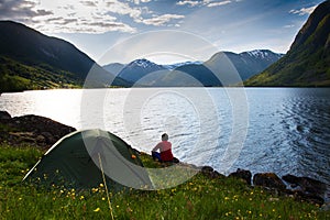 Camping in mountains near lake