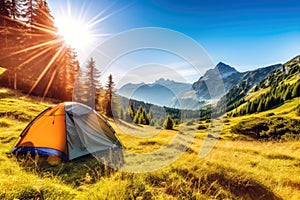 Camping in mountains at sunny day