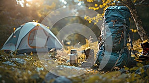 Camping in the mountains, tent, backpack and water bottle. Oneness with nature