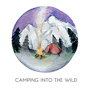 Camping in the mountains. Watercolor landscape in a circle, with  tent, mountains, bonfire. Mountain adventure. Traveling, mountai