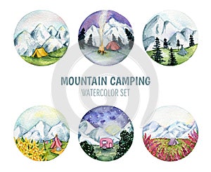 Camping in the mountains. Watercolor set of landscapes in circle, with tent, forests and flowers. Mountain adventure.Traveling, mo