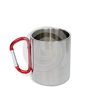 Camping mug Steel with red carabiner handle.
