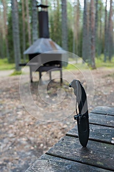 Camping in nature in the forest, a folding tactical knife stuck in a wooden table