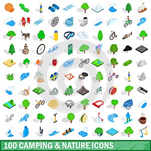 100 camping nature icons set, isometric 3d style