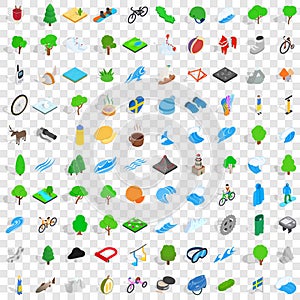 100 camping nature icons set, isometric 3d style