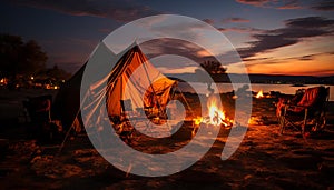 Camping in nature, tent, fire, campfire, flame, vacations, summer, sunset generated by AI