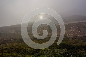 Camping in the nature waking up into a misty sunrise