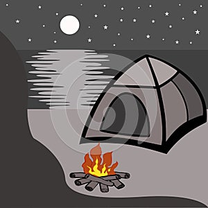 Camping at night surrounded by a beautiful nature. Tent on the beach under the moon and stars. Moon path on the lake.