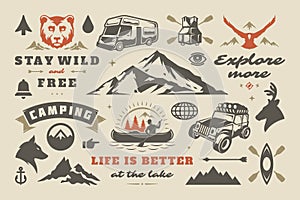 Camping and outdoor adventure design elements set quotes and icons vector illustration