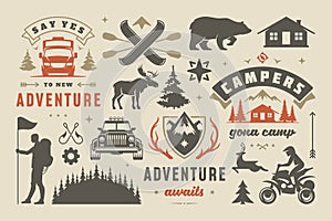 Camping and outdoor adventure design elements set, quotes and icons vector illustration