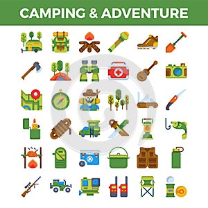 Camping and outdoor adventure flat icons