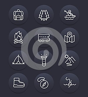 Camping, outdoor adventure line icons set