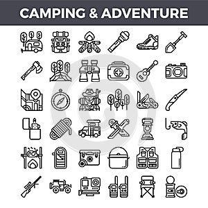 Camping and outdoor adventure outline icons