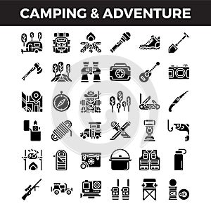 Camping and outdoor adventure solid icons