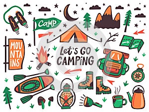 Camping outdoor elements. Summer camp, hiking recreation signs, kayak, backpack and tent, travel doodle equipment vector