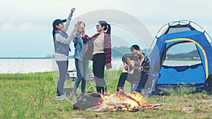 Camping outdoor. Group  friends camping leisure and destination travel.