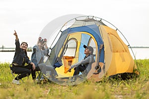 Camping outdoor. Group friends camping leisure and destination travel.