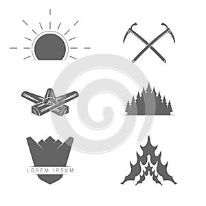 Camping, Outdoor or Mountain Adventure and Forest Expeditions. Alpine Tourism. Vector Design Elements Set for You Design