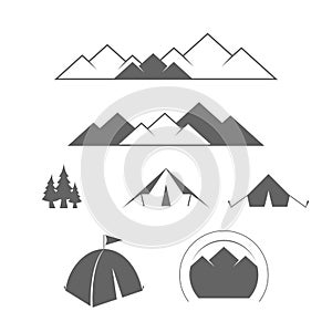 Camping, Outdoor or Mountain Adventure and Forest Expeditions. Alpine Tourism. Vector Design Elements Set for You Design