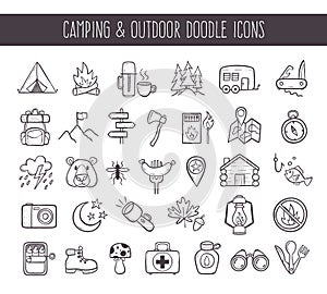 Camping and outdoor recreation doodle icons