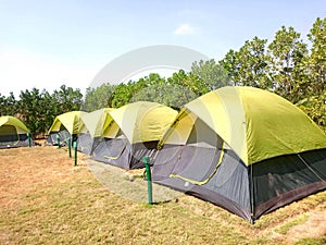 Camping outdoor tents pitched. Adventure sports area. photo