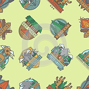 Camping outdoor tourist travel logo scout badges template emblems vector illustration seamless pattern background