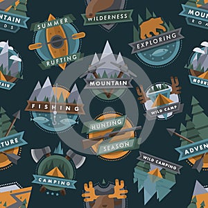 Camping outdoor tourist travel logo scout badges template emblems vector illustration seamless pattern background