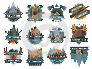 Camping outdoor tourist travel logo scout badges template emblems vector illustration set