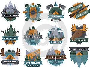 Camping outdoor tourist travel logo scout badges template emblems vector illustration set