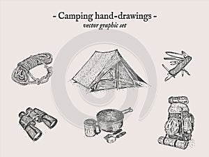 Camping outdoor vector drawings set