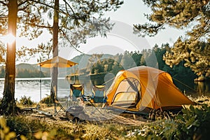Camping outdoors with lots of sunlight. tent, chairs, a tent BBQ rack, and more