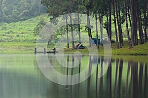 Camping at Pang Ung. Beautiful forest lake in the morning photo