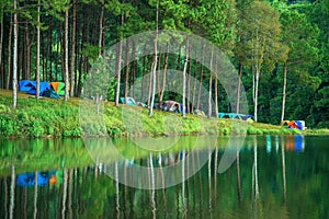 Camping at Pang Ung. Beautiful forest lake in the morning. Mae Hon province.