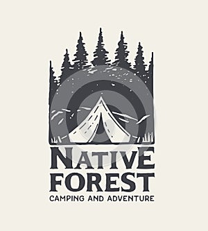 Camping park logo. Native forest and tent on light background. Hand Drawn.