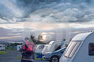 Camping parking. Senior photographer looking a sleep place in touristik camp. leet evening, Scotland