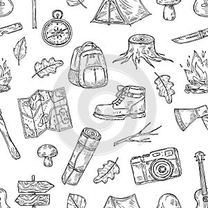 Camping pattern. Hiking, family camp in natural wood. Scout outdoor adventure sketch outline vector seamless texture