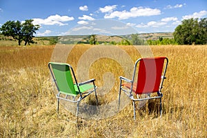 Camping. The picturesque landscape of the African Savannah with a view of the hills.