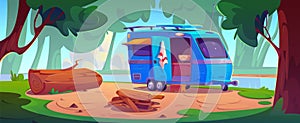 Camping place with camper van in forest