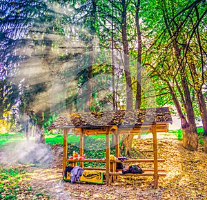 Camping place on mountain Kozara with smoke from camp fire