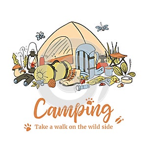 Camping poster template. Take a walk on the wild side. Hiking icons colored sketch style set. vector collection. frame