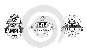 Camping Recreation Premium Logo Design Templates Set, Mountains Wild Life Monochrome Retro Badges Cartoon Vector