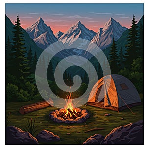 Camping scene featuring a tent and a campfire surrounded by