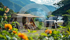 A camping scene set amidst lush greenery, with a tent pitched and a SUV parked nearby. The tranquil atmosphere of nature with