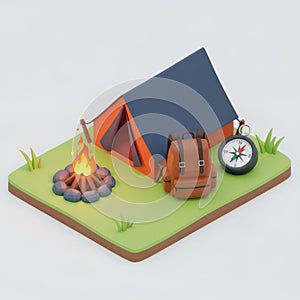 Camping Scene with Tent, Campfire, Backpack, and Compass